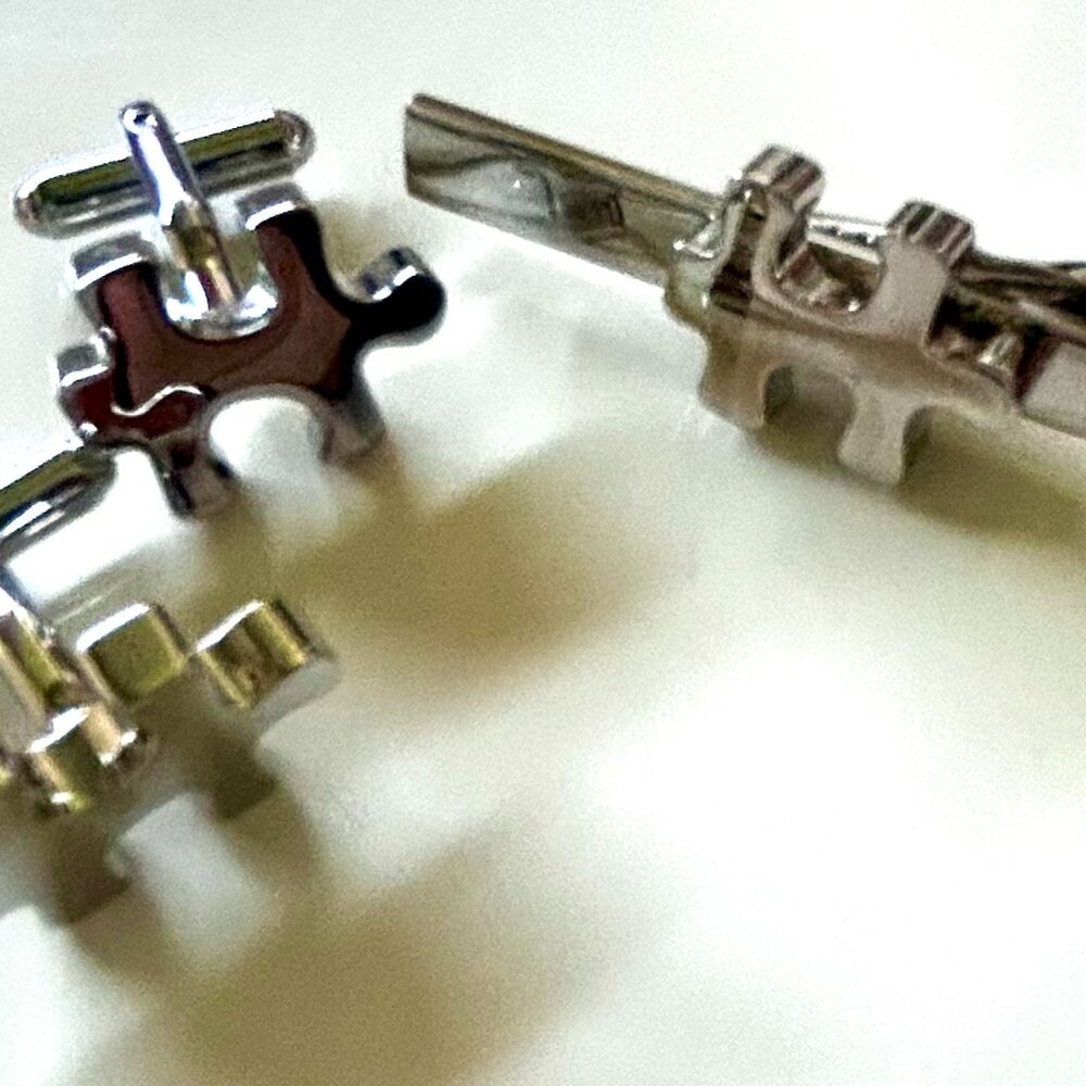 Cuff Links and Tie Clip - Puzzle Pieces in Silver Tone